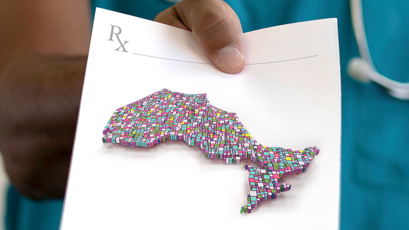 OMR fall cover featuring a doctor holding a prescription with an illustrated map of Ontario. 